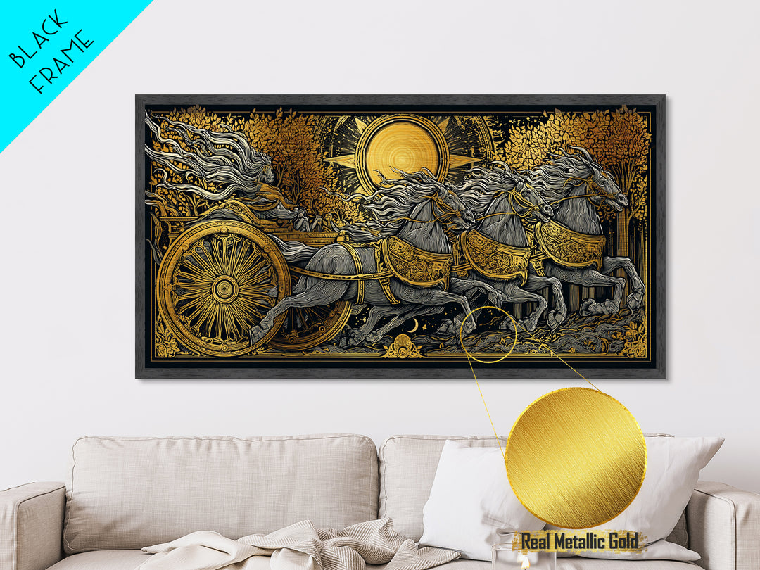 Chariot Of The Dawn, Metallic Gold Art, Real Wood Frame, Mythology Inspired Wall Decor, Horse And Rider Artwork