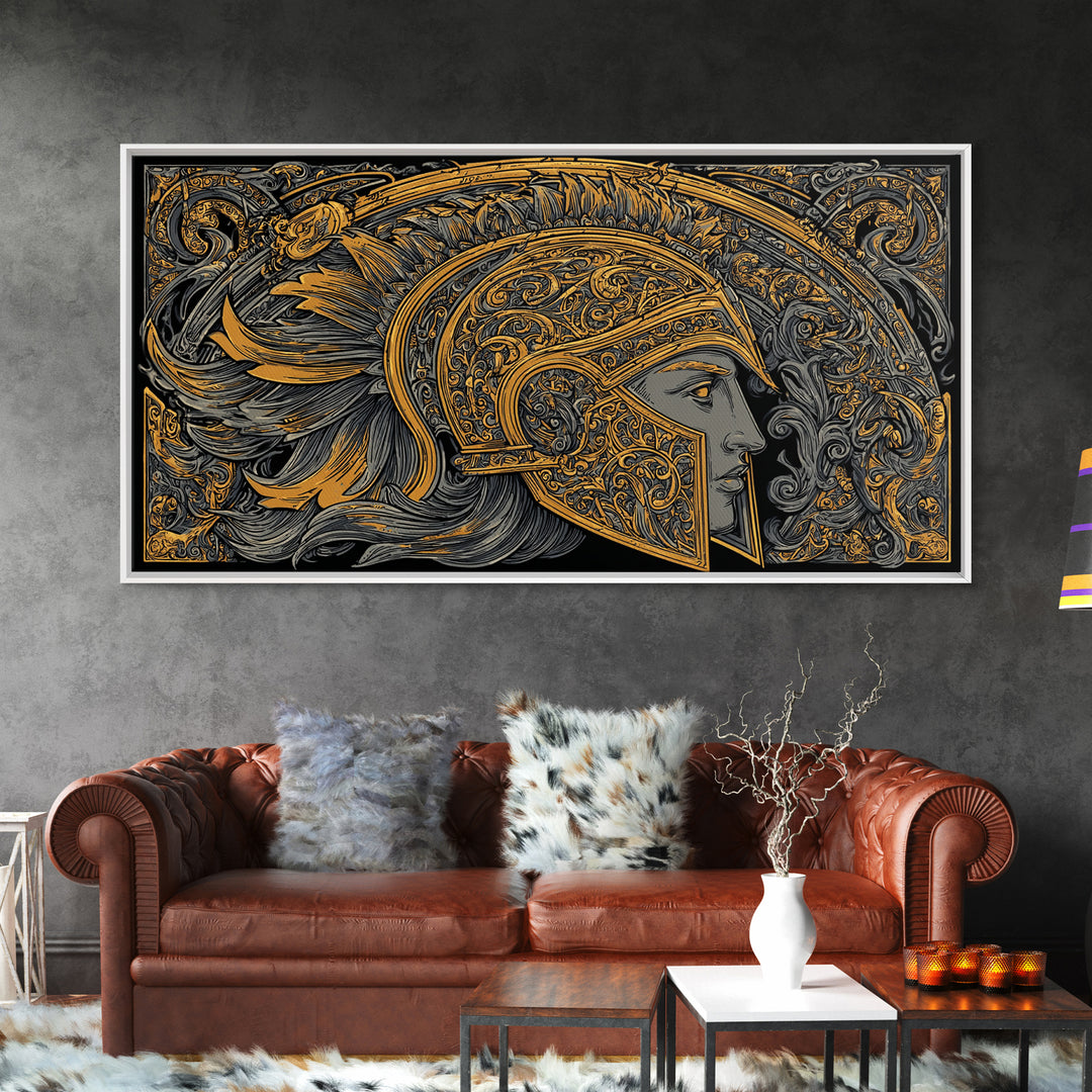 Ornate Greek Warrior Helmet, Gold Canvas Print, Real Wood Frame, Classical Armor Wall Art, Historical Decor