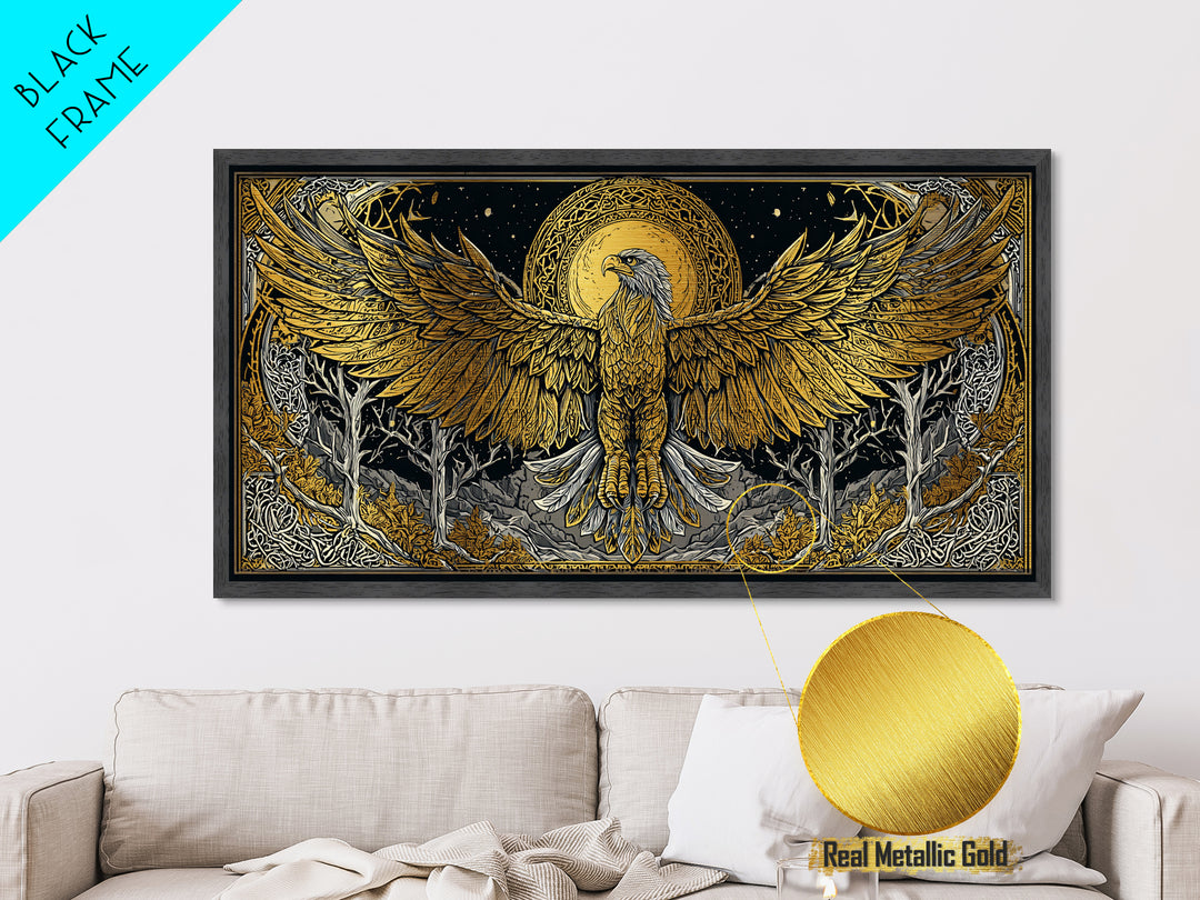 Golden Eagle Over Moonlit Forest, Metallic Gold Art, Real Wood Frame, Intricate Line Art, Majestic Bird Wall Decor