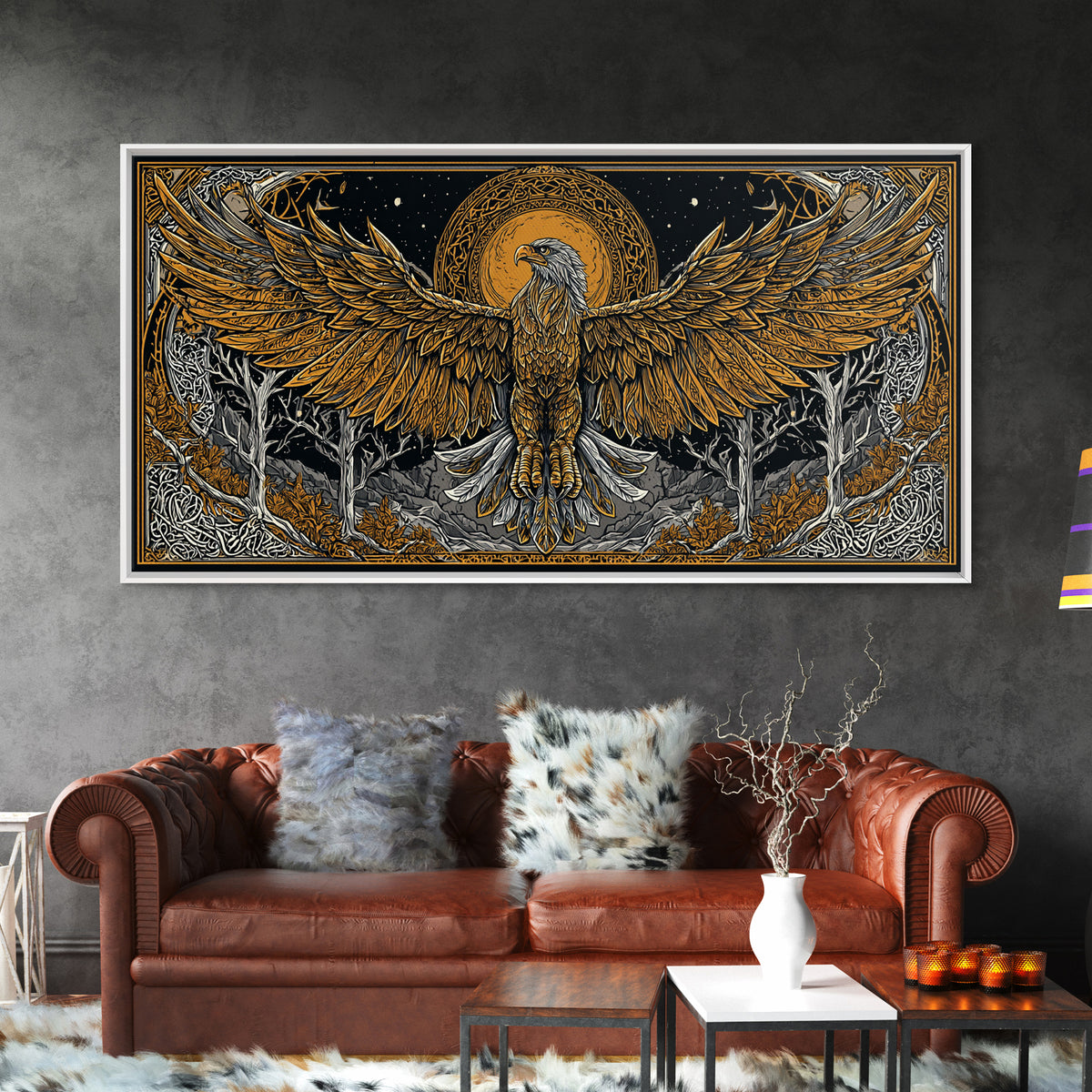 Golden Eagle Over Moonlit Forest, Gold Canvas Art, Real Wood Frame, Intricate Line Art, Majestic Bird Wall Decor