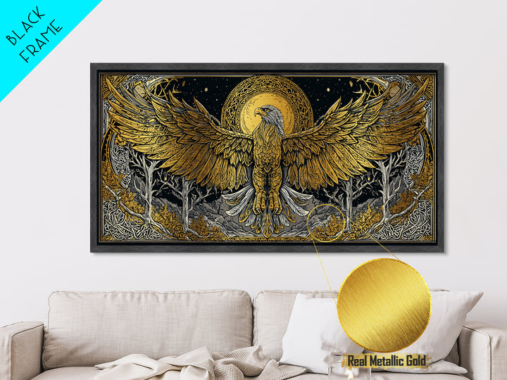 Golden Eagle Over Moonlit Forest, Metallic Gold Art, Real Wood Frame, Intricate Line Art, Majestic Bird Wall Decor