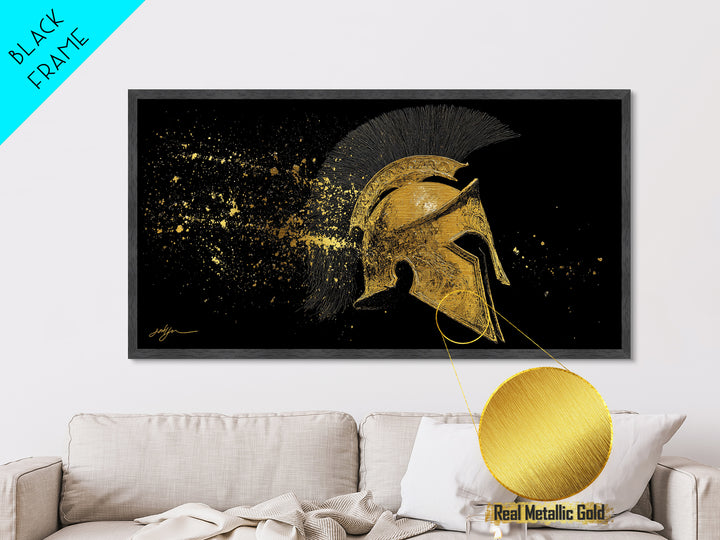 Golden Spartan Helmet, Metallic Gold Art, Real Wood Frame, Splatter Style Warrior Armor, Mythology Inspired Artwork