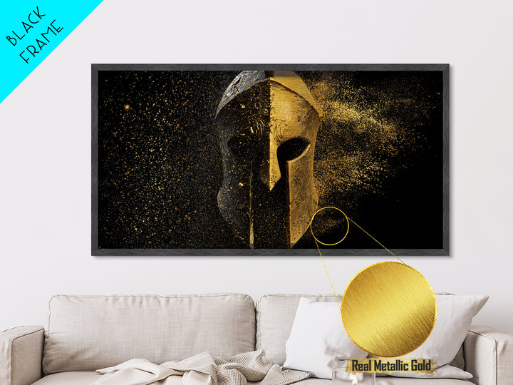 Half Gold Spartan Helmet, Metallic Gold Metal Print, Real Wood Frame, Splatter Style Warrior Armor, Ancient Battle Artwork