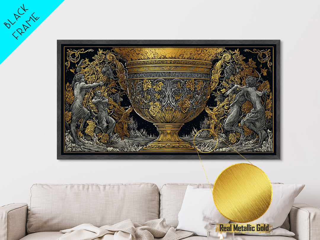 Golden Ornate Chalice, Metallic Gold Art, Real Wood Frame, Mythology Inspired Wall Decor, Classical Celebration Scene