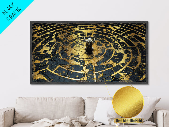Minotaur In Labyrinth, Metallic Gold Metal Print, Real Wood Frame, Mythology Inspired Wall Art, Ancient Maze Artwork
