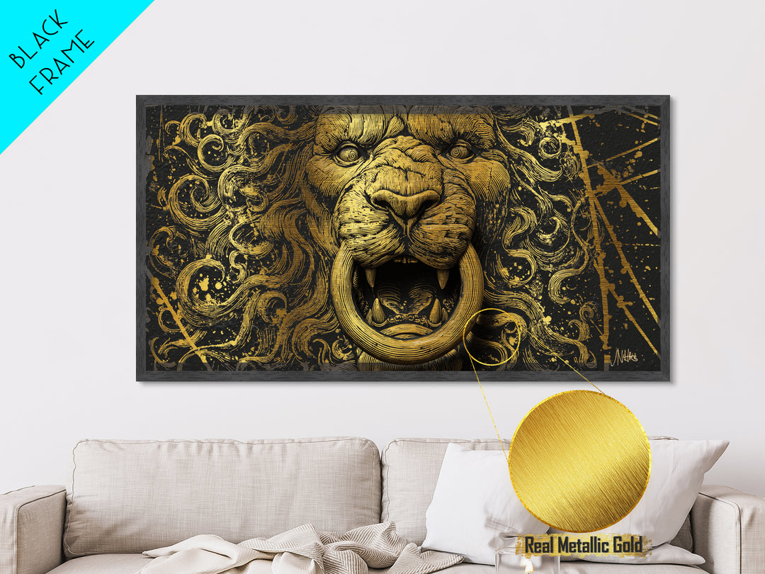 Golden Lion Door Knocker Close Up, Metallic Gold Art, Real Wood Frame, Splatter Style Animal Decor, Regal Lion Artwork