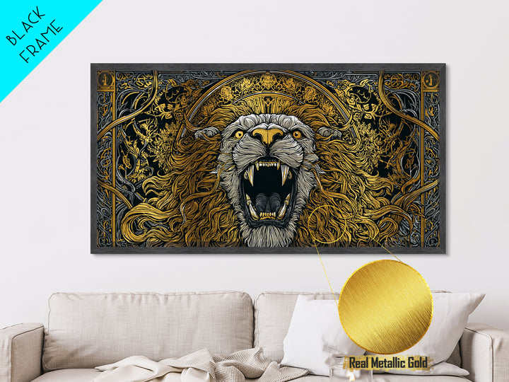 Roaring Golden Lion, Metallic Gold Art, Real Wood Frame, Mythology Inspired Animal Decor, Powerful Lion Wall Artwork