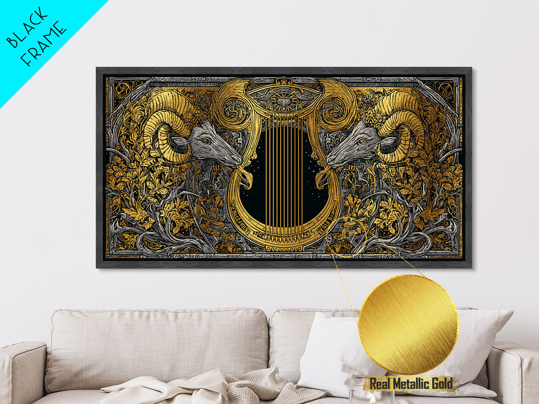 Ornate Ram Lyre, Metallic Gold Metal Print, Real Wood Frame, Mythology Inspired Musical Art, Classical Decorative Artwork