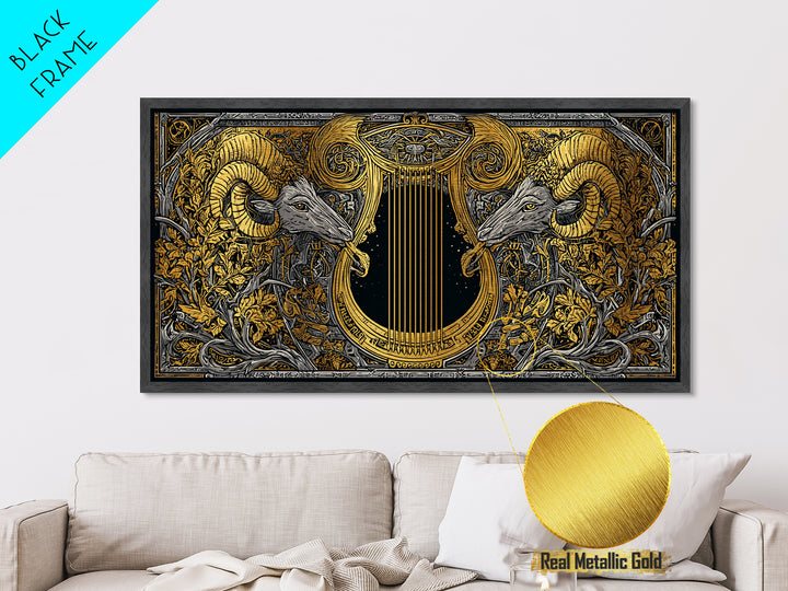 Ornate Ram Lyre, Metallic Gold Metal Print, Real Wood Frame, Mythology Inspired Musical Art, Classical Decorative Artwork