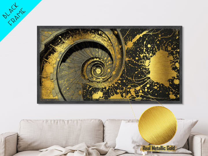 Golden Spiral Staircase, Metallic Gold Art, Real Wood Frame, Splatter Style Abstract Design, Modern Wall Decor