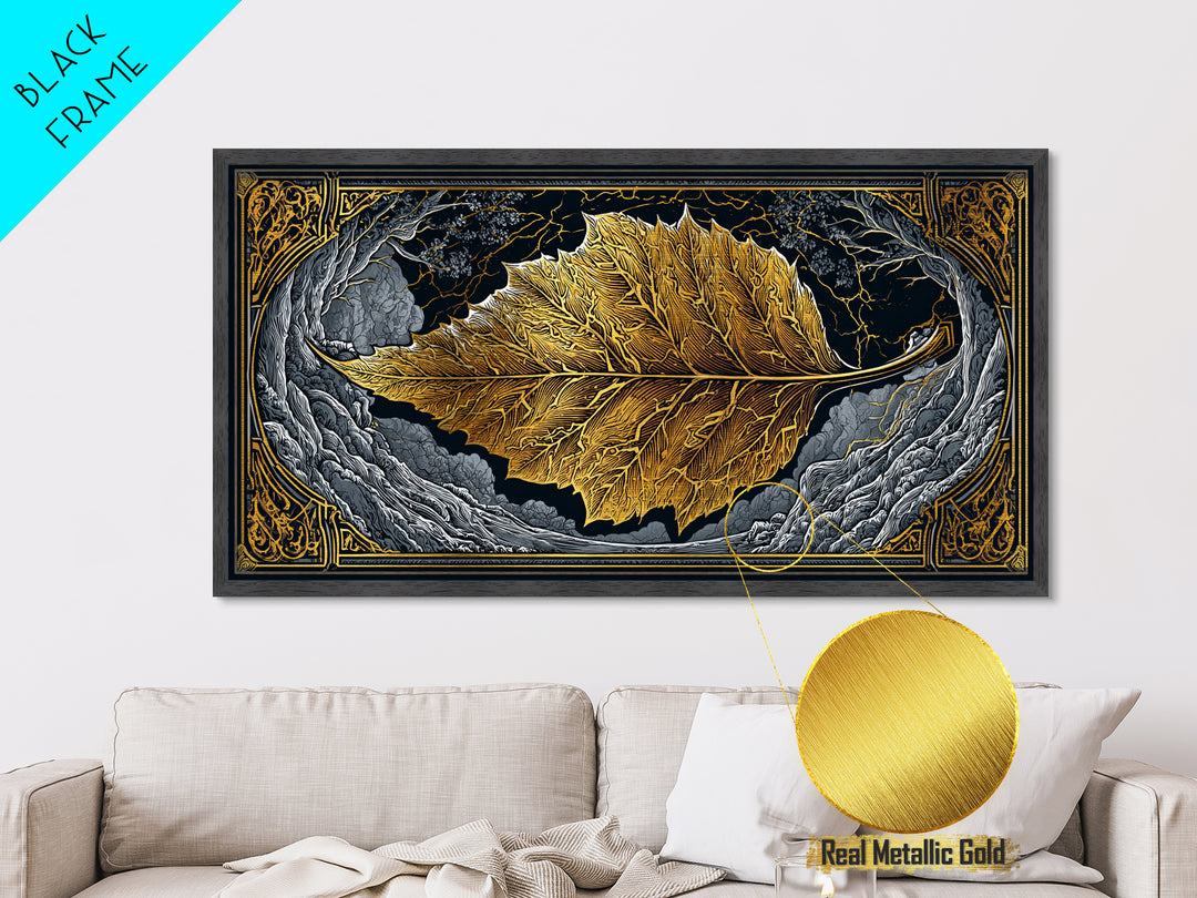 Golden Leaf In Ornate Frame, Metallic Gold Metal Print, Real Wood Frame, Botanical Wall Art, Nature Inspired Decor