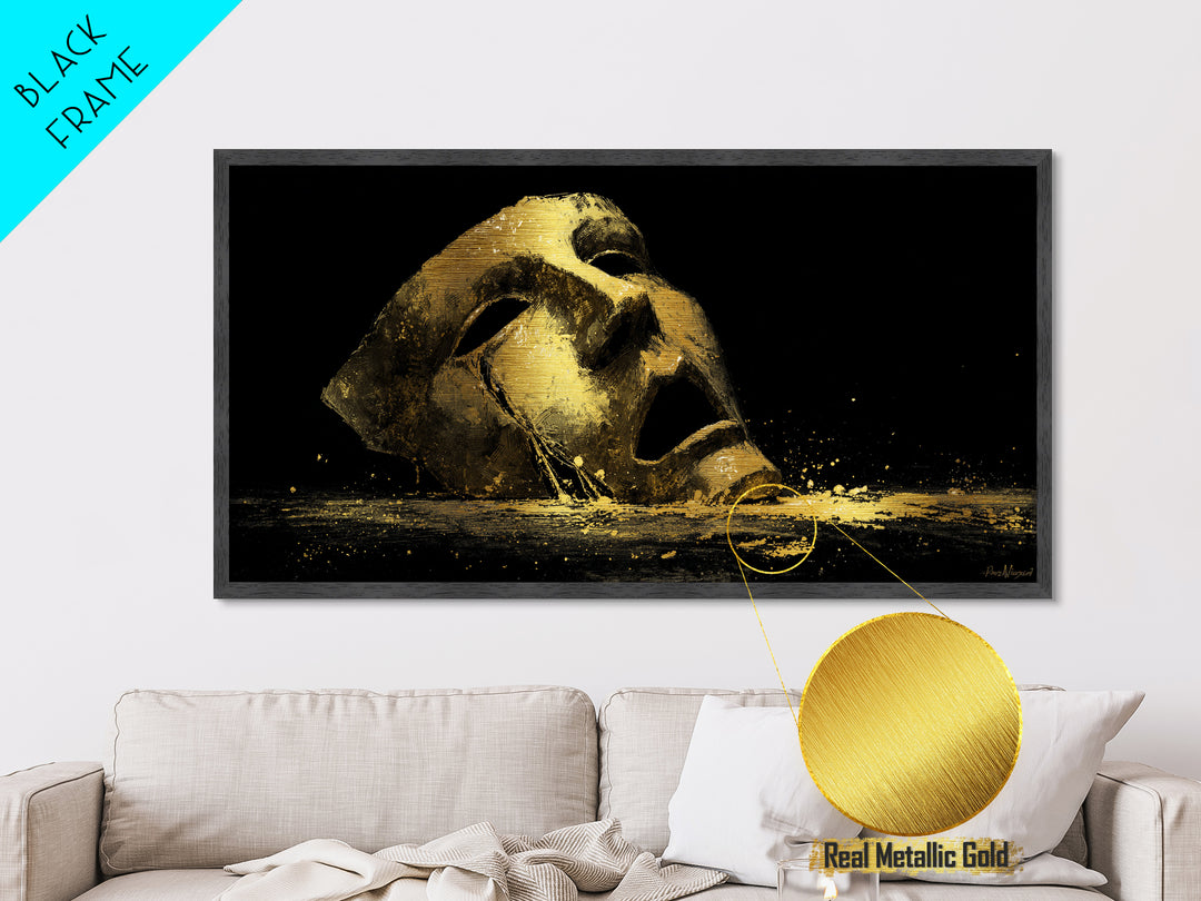 Golden Theatrical Mask, Metallic Gold Metal Print, Real Wood Frame, Dramatic Abstract Artwork, Expressive Wall Art