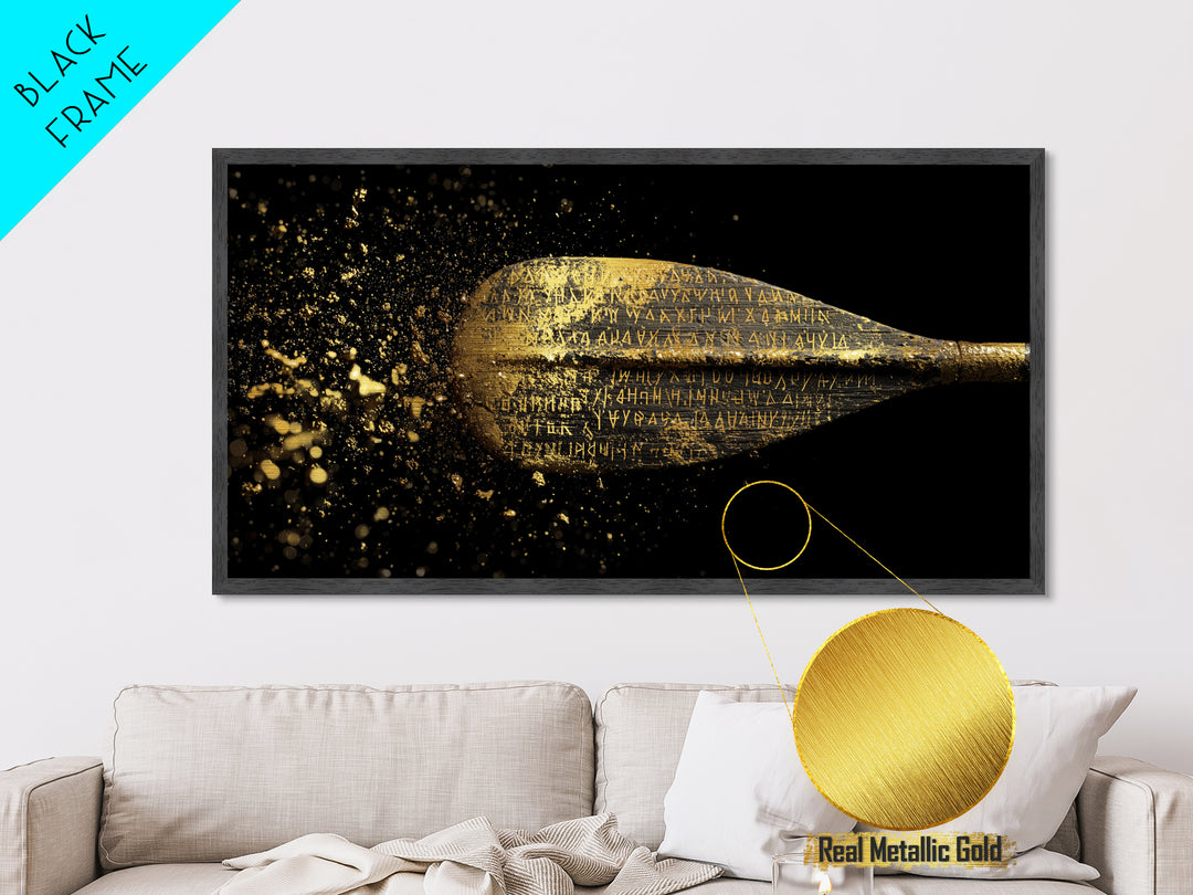 Ancient Golden Spear Tip, Metallic Gold Art, Real Wood Frame, Splatter Style Weapon Artwork, Mythology Inspired Decor