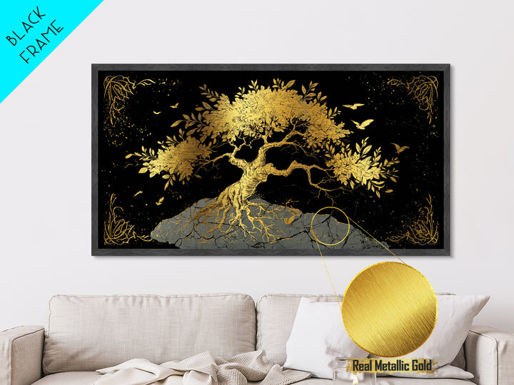 Metallic Gold Tree of Life Artwork, Intricate Roots and Leaves, Wood Framed Map Wall Art for Home or Office Décor