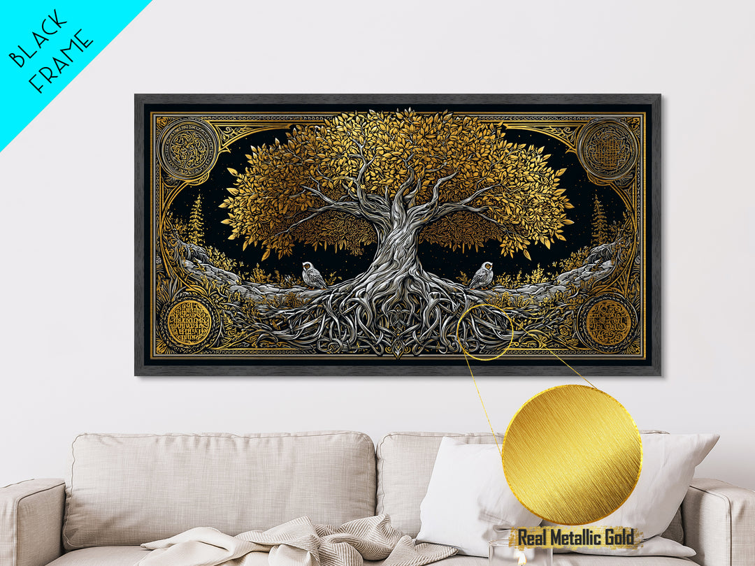 Metallic Gold Ancient Tree Design with Owls, Ornate Border, Wood Framed Map Wall Art for Classic and Nature-Inspired Spaces