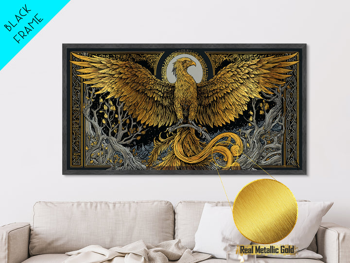 Metallic Gold Phoenix Rising Illustration, Majestic Wings, Wood Framed Map Wall Décor for Myth and Fantasy Art Lovers