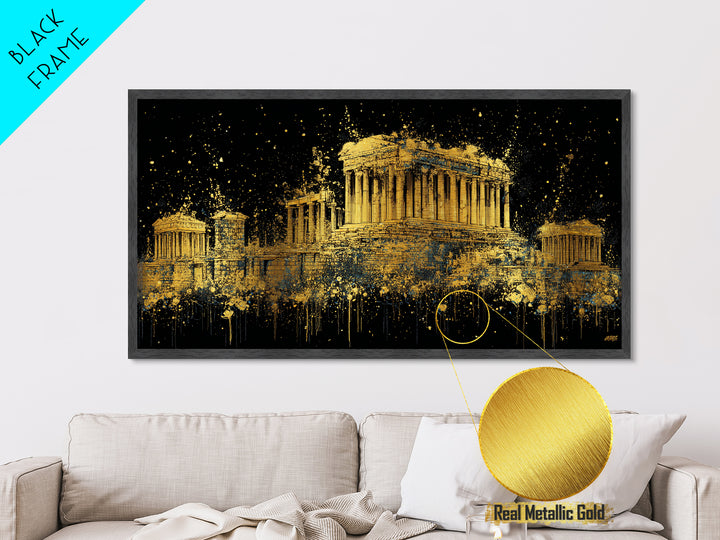 Metallic Gold Parthenon Greece Architecture Print, Splatter Art Style, Wood Framed Map Wall Art for Travel and History Fans