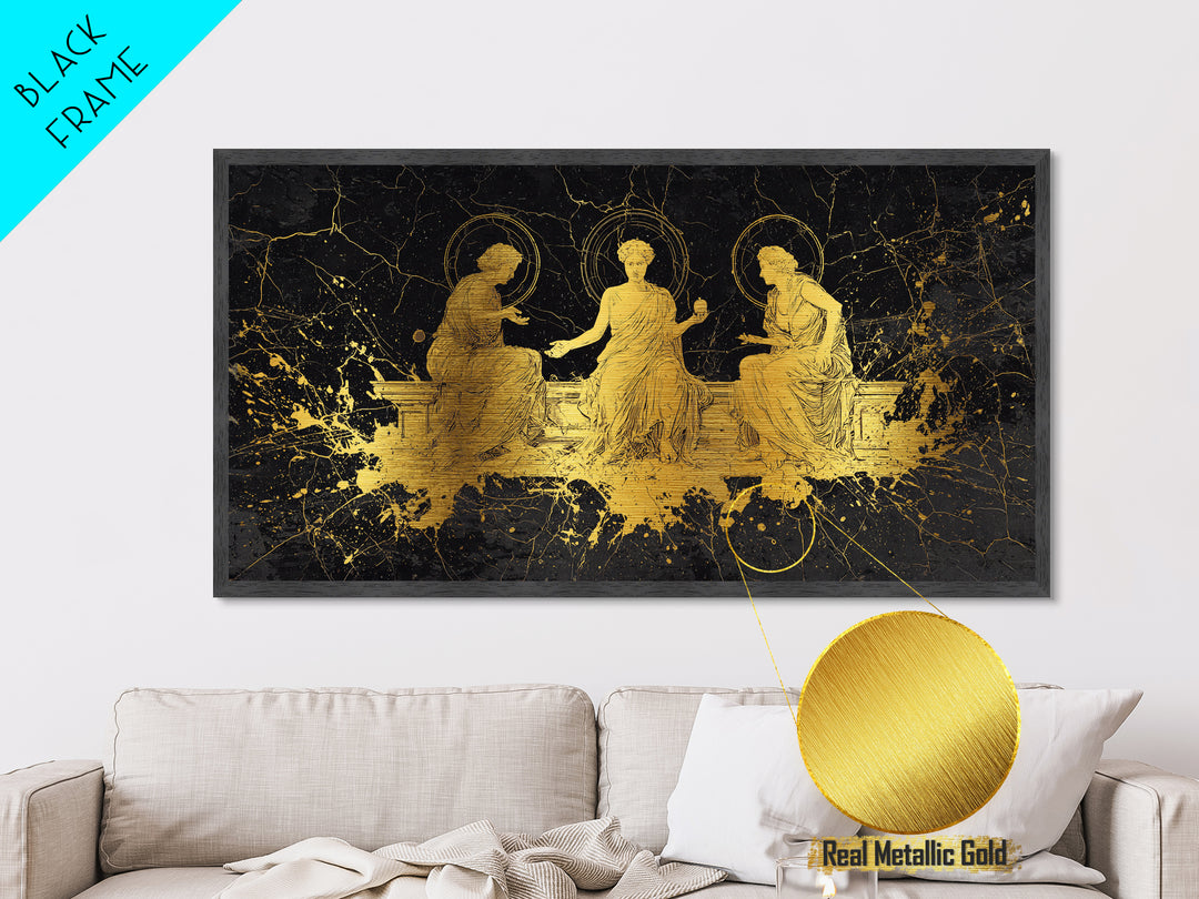 Metallic Gold Greek Goddesses Seated in Elegant Marble Scene, Wood Framed Map Wall Décor for Classical Art and Mythology Lovers