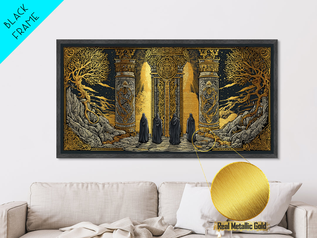 Metallic Gold Fantasy Portal Artwork, Glowing Pillars and Trees, Wood Framed Map Wall Décor for Magical and Epic Settings