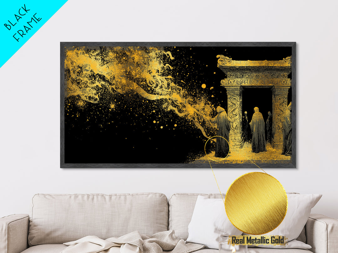 Metallic Gold Ancient Gate Scene, Robed Figures and Ornate Carvings, Wood Framed Map Wall Art for Mystery and Fantasy Lovers