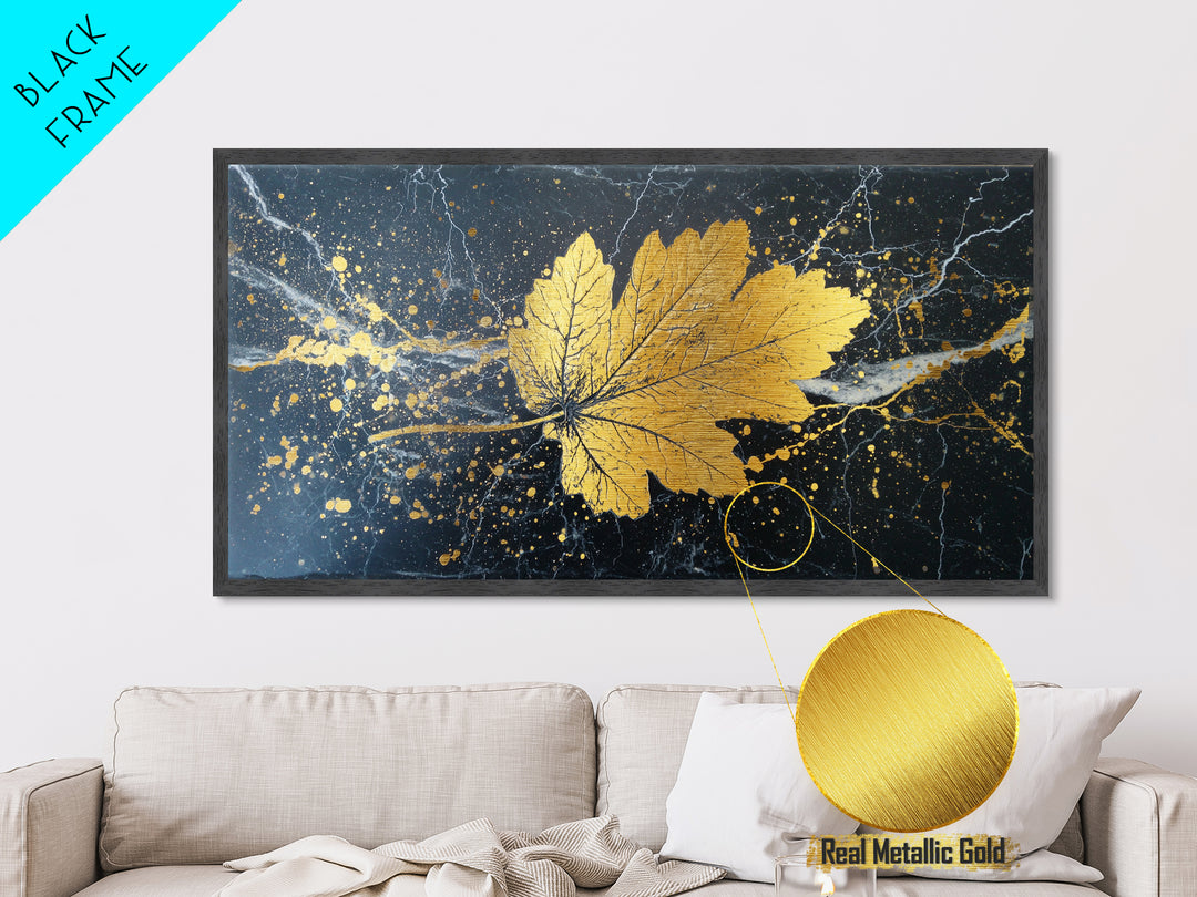 Golden Maple Leaf On Black, Metallic Gold Art, Real Wood Frame, Splatter Style, Nature Wall Decor, Leaf Print