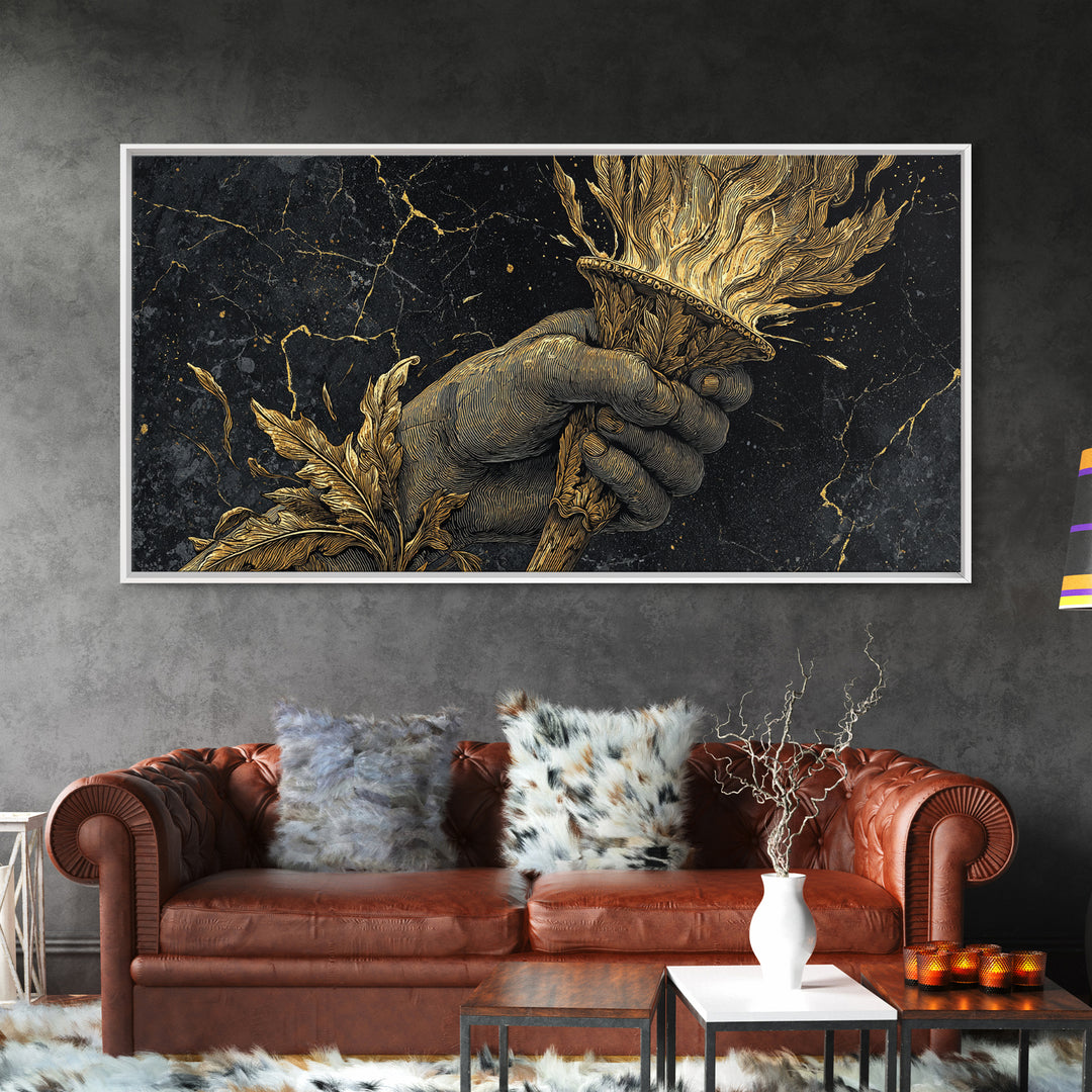 Gold Torch of Triumph Print, Detailed Hand and Flame, Wood Framed Map Wall Décor for Victory and Inspiration Themes