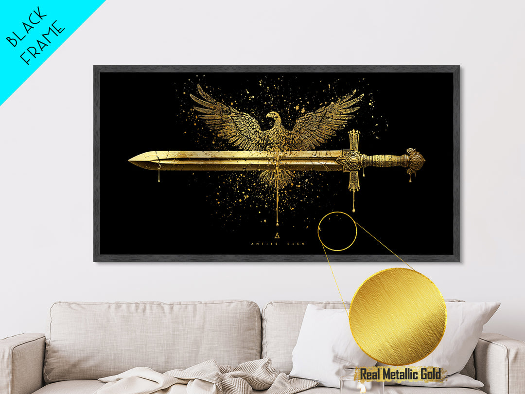 Metallic Gold Eagle and Sword Artwork, Splatter Effect Style, Wood Framed Map Wall Art for Power and Freedom Symbolism