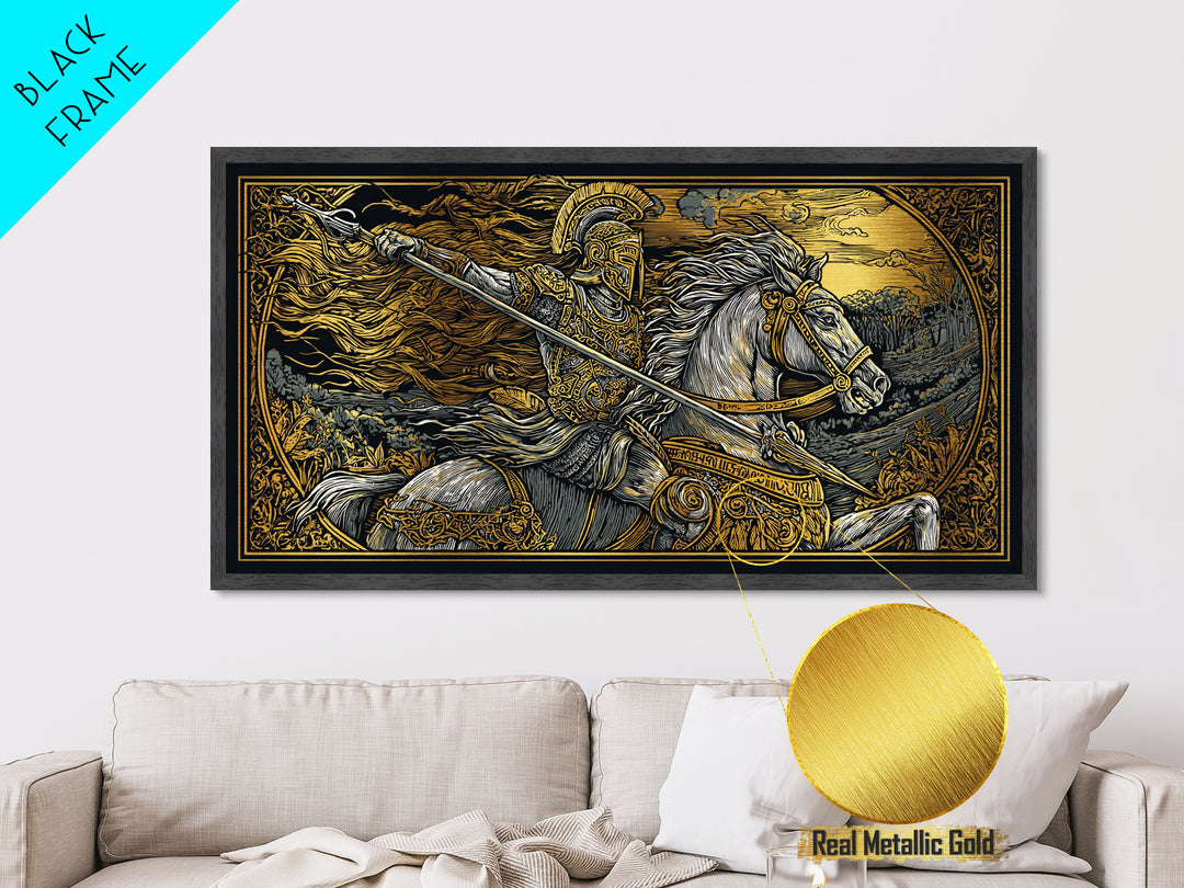 Metallic Gold Metal Print Spartan Warrior on Horseback, Flowing Mane and Spear, Wood Framed Map Wall Art, Ancient Battle,  History Lovers