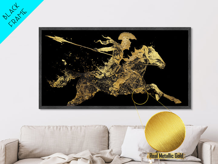 Metallic Gold Art Spartan Rider Silhouette, Splatter Effect Spear Charge, Wood Framed Map Wall Décor, Historical and Warrior-Themed Spaces