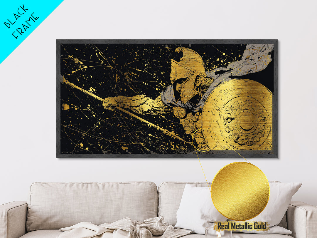 Metallic Gold Metal Print Spartan Soldier with Shield and Spear, Splatter Background, Wood Framed Map Wall Art for Ancient Greece Enthusiasts