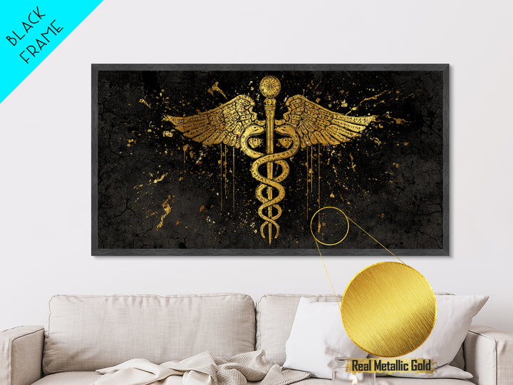 Metallic Gold Metal Print Caduceus Splatter Effect Design, Ancient Script Wings, Wood Framed Map Wall Art for Medicine and Healing Iconography
