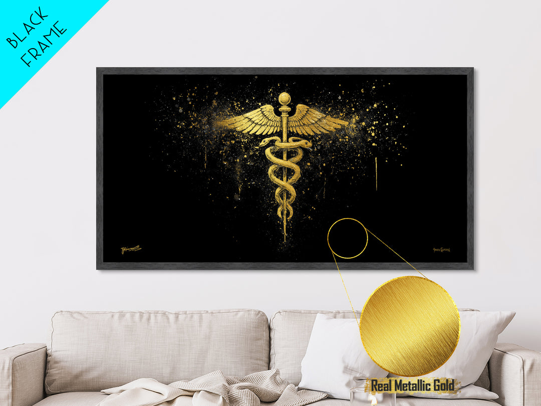 Metallic Gold Art Caduceus Medical Symbol, Splatter Background Art Style, Wood Framed Map Wall Décor for Healthcare, Classical Symbol Lovers