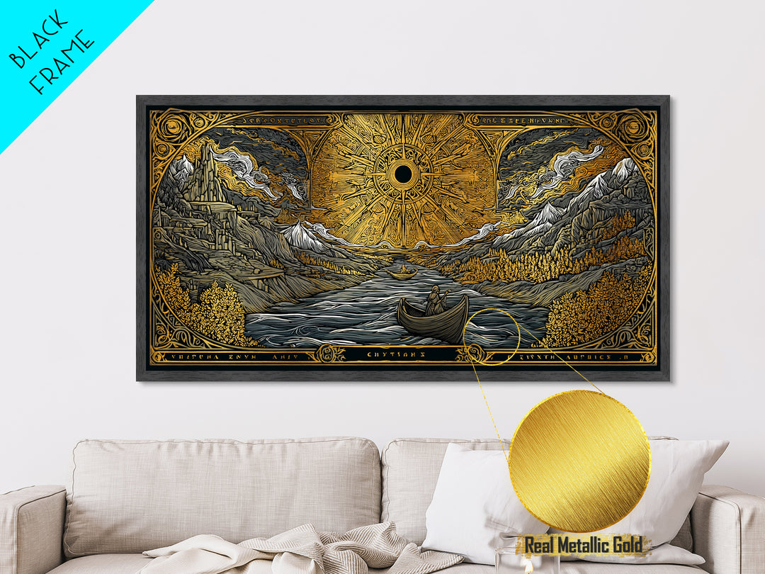 Metallic Gold Metal Print Solar Eclipse Over Mountain Valley, Rowboats and Figures, Wood Framed Map Wall Art for Fantasy and Celestial Lovers