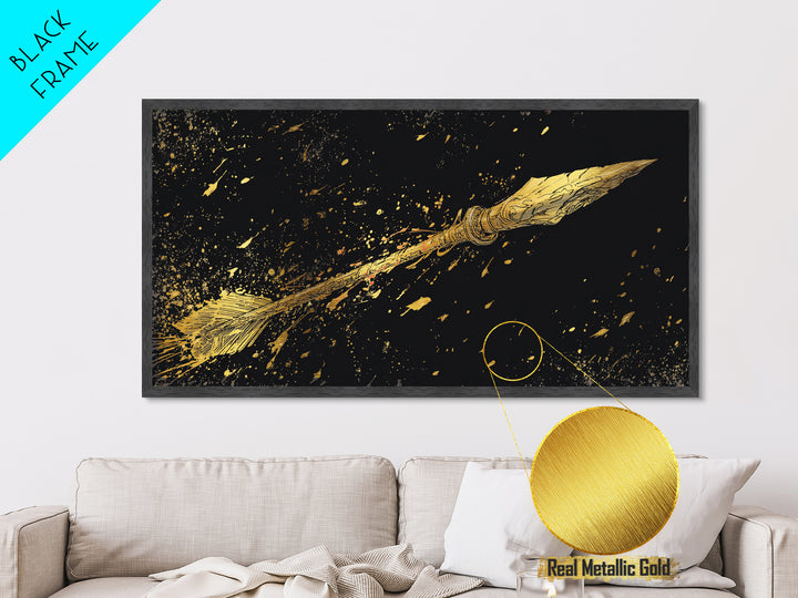 Golden Spear In Flight, Metallic Gold Metal Print, Real Wood Frame, Dynamic Weapon Art, Mythology Inspired Wall Decor