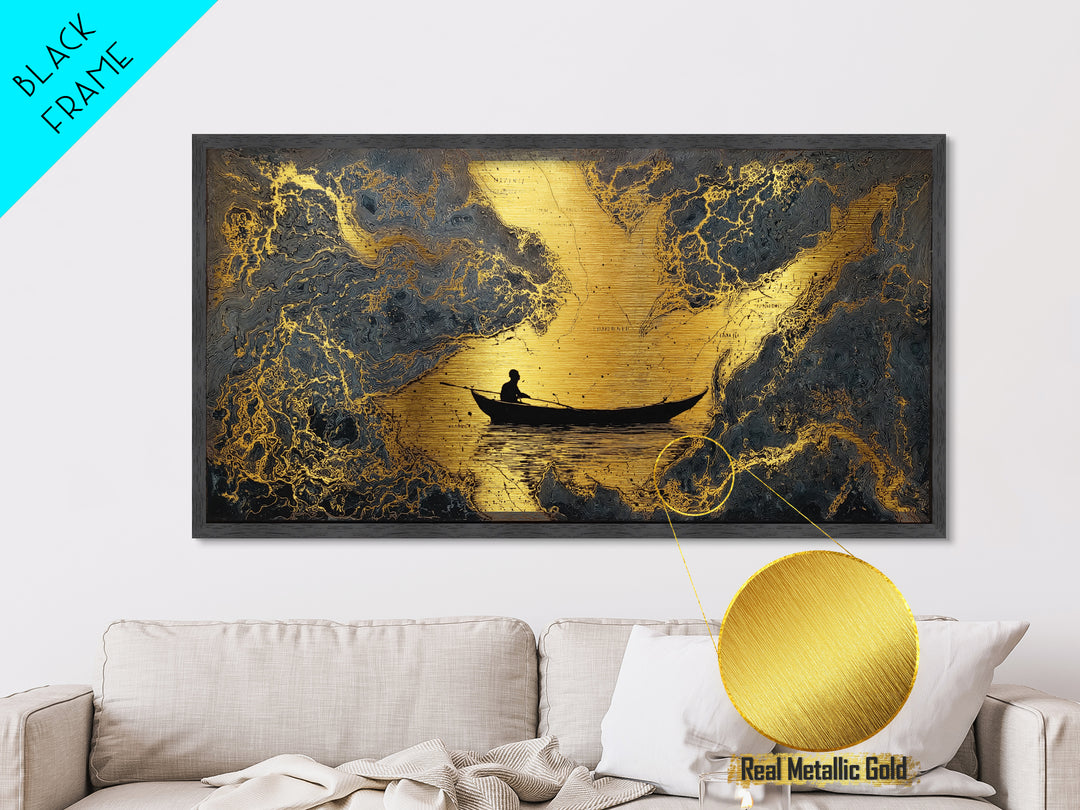 Metallic Gold Art Rowboat Silhouette Over Detailed Map Pattern, Reflective Water, Wood Framed Map Wall Décor, Nautical and Cartographic Fans