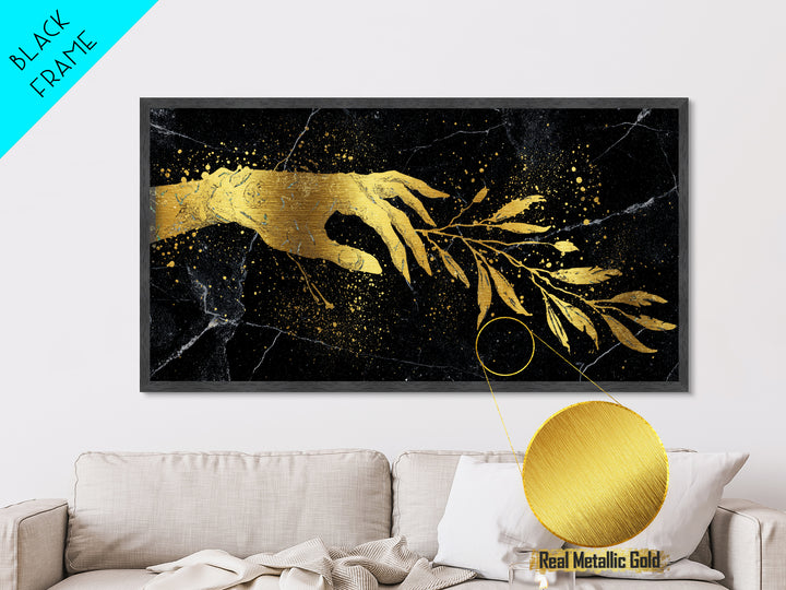 Metallic Gold Metal Print Hand Offering Olive Branch, Splatter Art Marble Texture, Wood Framed Map Wall Art for Peace and Nature Symbolism