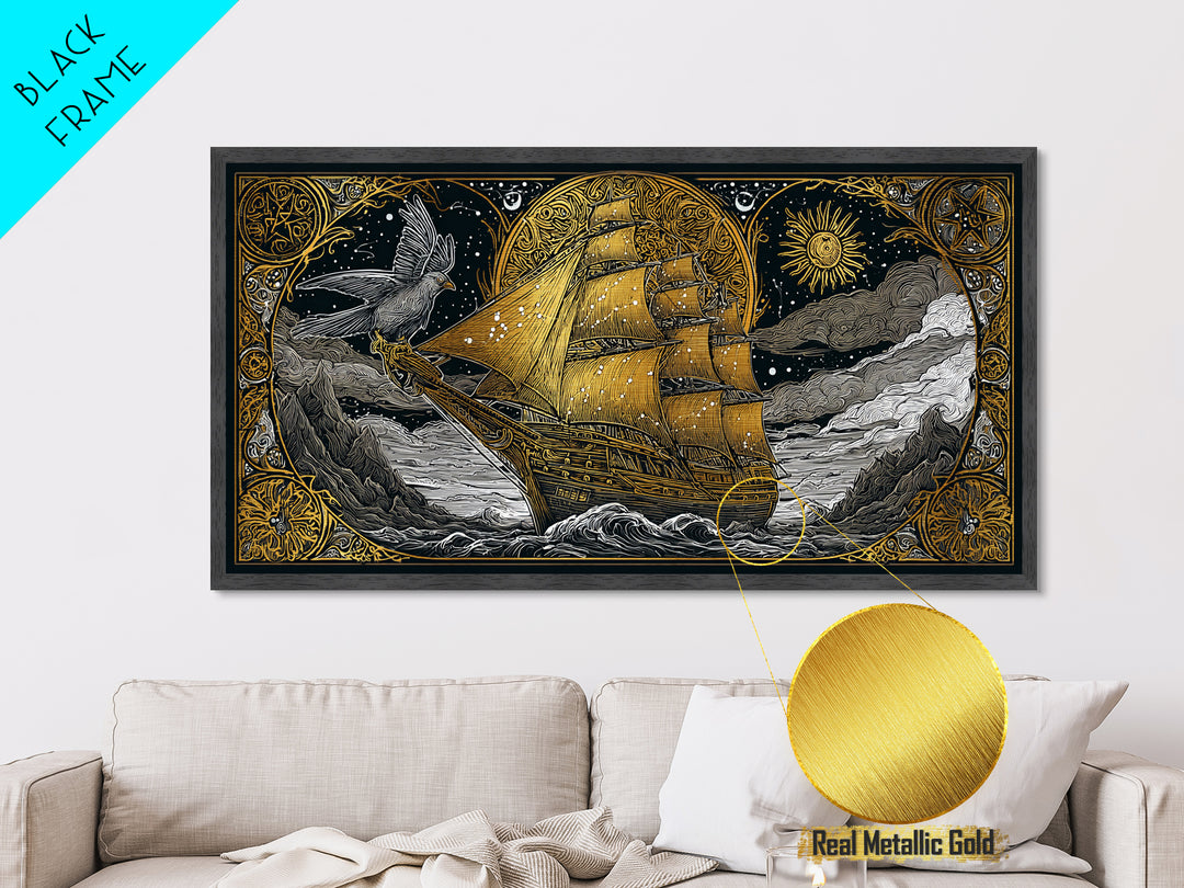 Metallic Gold Art Sailing Ship with Raven Figurehead, Starry Night and Waves, Wood Framed Map Wall Décor, Nautical and Mythic Voyage Lovers