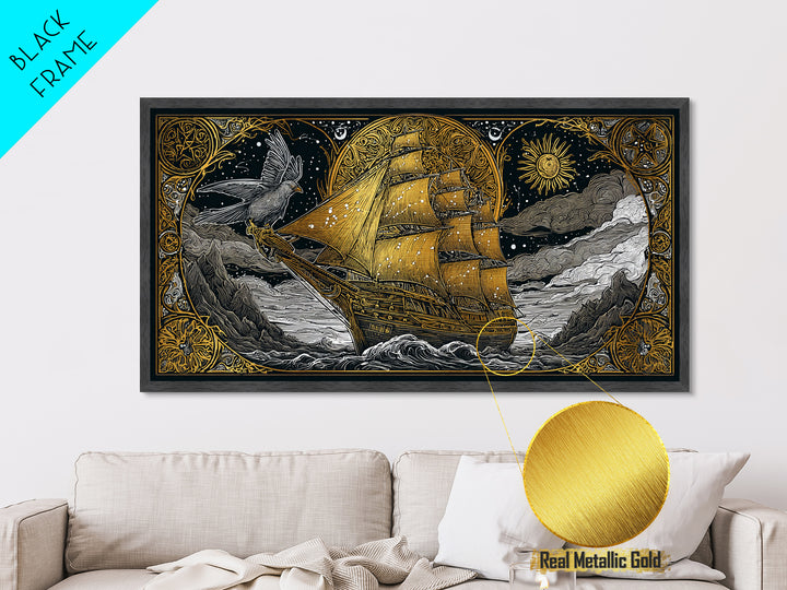 Metallic Gold Art Sailing Ship with Raven Figurehead, Starry Night and Waves, Wood Framed Map Wall Décor, Nautical and Mythic Voyage Lovers