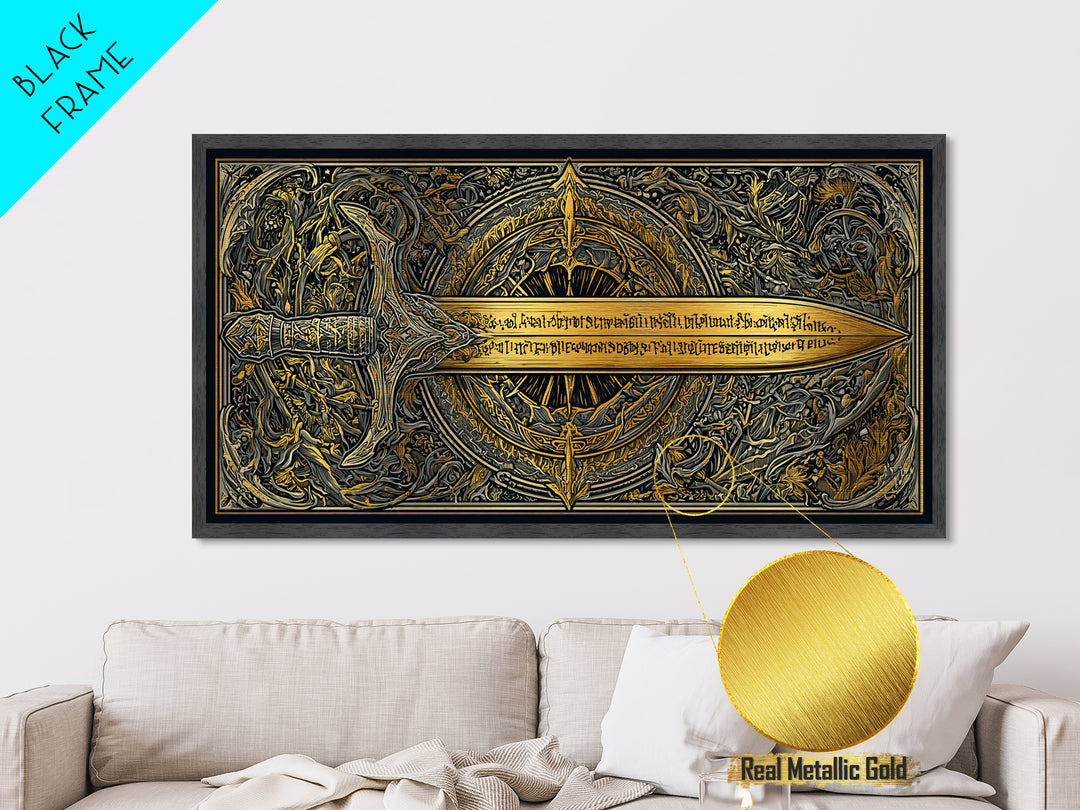 Metallic Gold Metal Print of Ornate Sword and Compass Design, Engraved Blade and Decorative Frame, Wood Framed Map Wall Décor