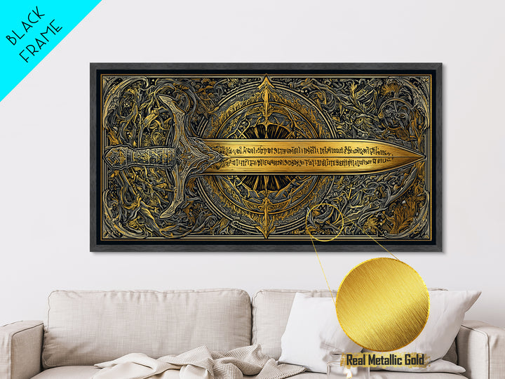 Metallic Gold Metal Print of Ornate Sword and Compass Design, Engraved Blade and Decorative Frame, Wood Framed Map Wall Décor