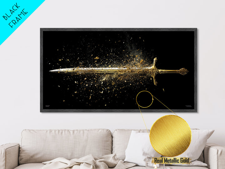 Metallic Gold Art of Shattering Sword in Mid-Air, Detailed Blade Explosion and Dark Background, Wood Framed Map Wall Art Display
