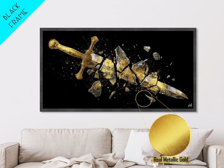 Metallic Gold Metal Print of Broken Sword in Fragments, Detailed Golden Hilt and Blade Shards, Wood Framed Map Wall Décor Accent