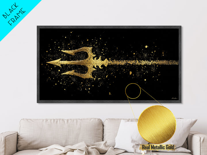 Metallic Gold Art of Decorative Trident in Motion, Splatter Effect on Black Background, Wood Framed Map Wall Art for Nautical Themes