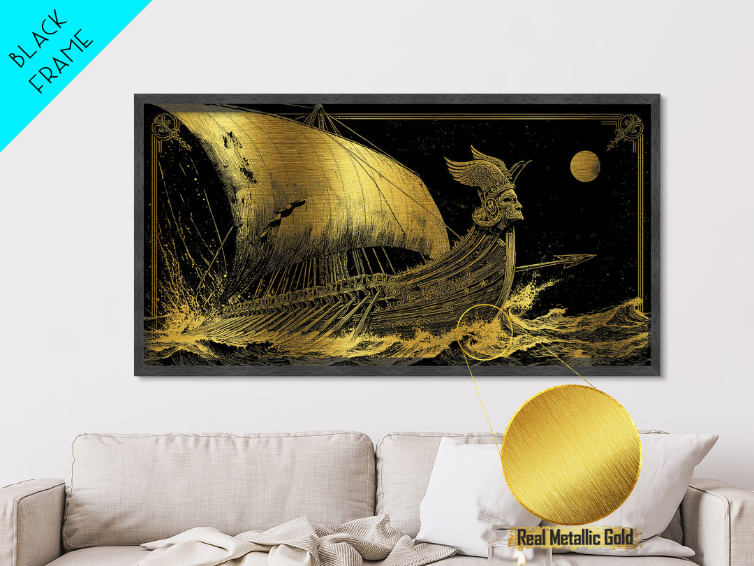 Metallic Gold Metal Print of Ancient Greek Warship at Sea, Detailed Engraving Style and Waves, Wood Framed Map Wall Art for History