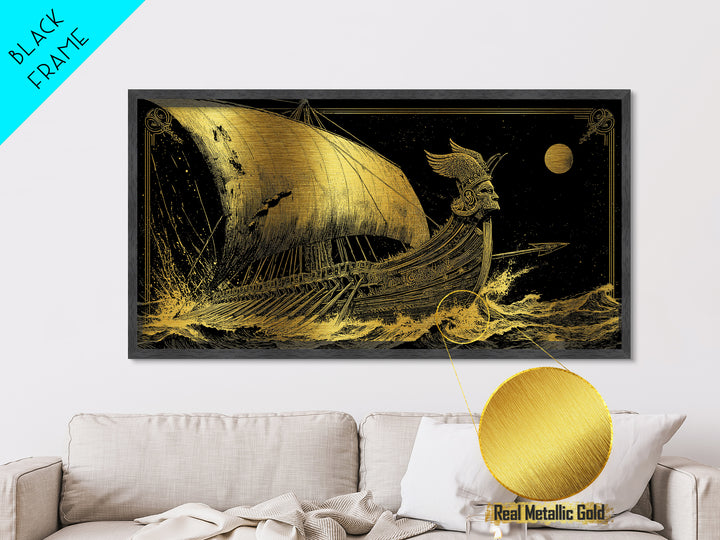 Metallic Gold Metal Print of Ancient Greek Warship at Sea, Detailed Engraving Style and Waves, Wood Framed Map Wall Art for History