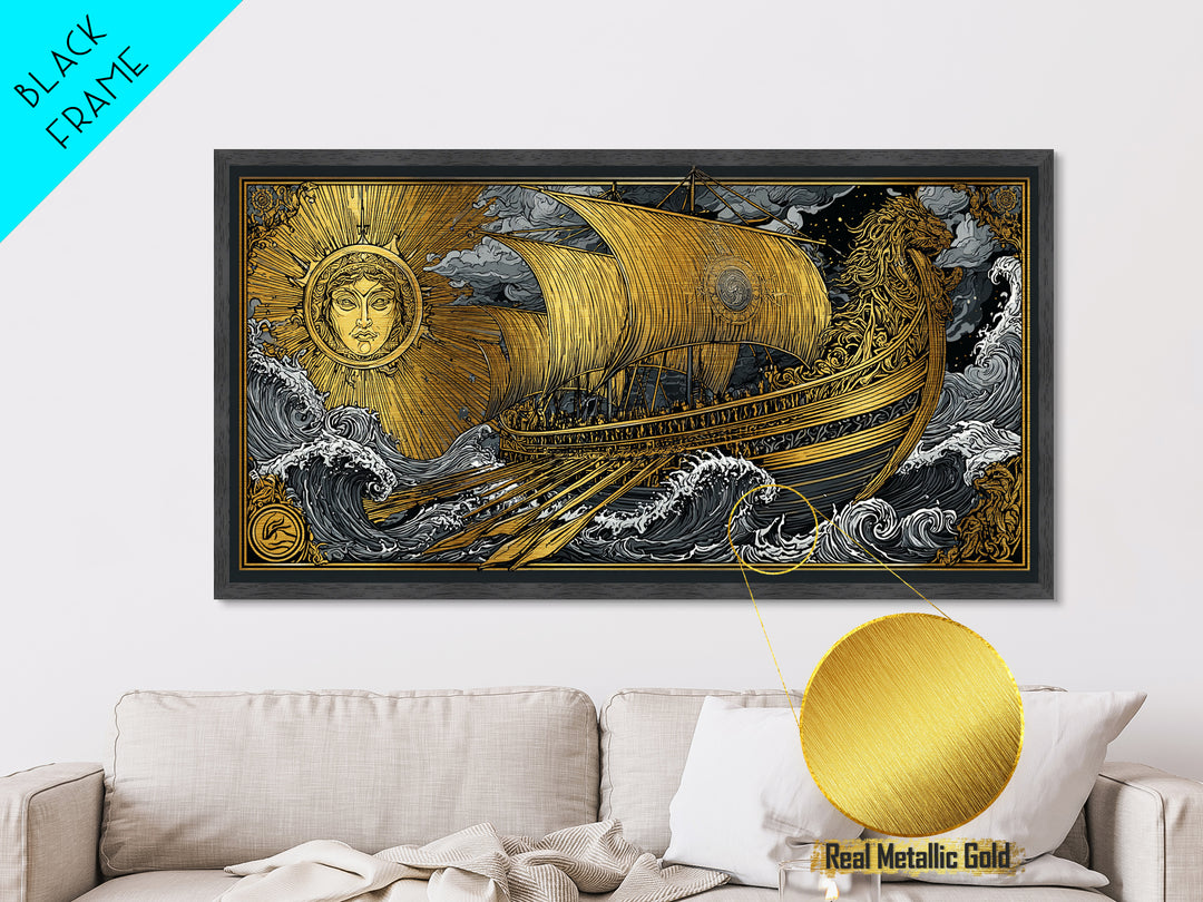 Metallic Gold Art of Sun and Ship Scene, Lion Figurehead and Ocean Waves, Detailed Decorative Style, Wood Framed Map Wall Décor