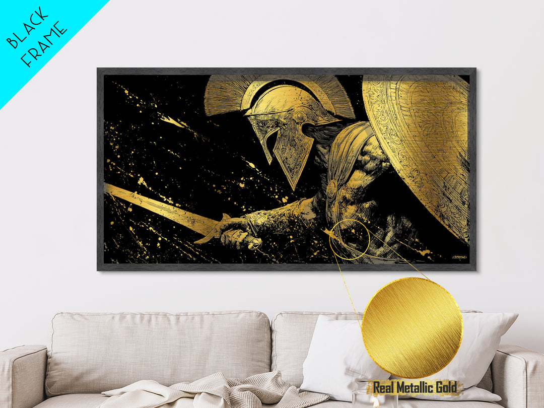 Metallic Gold Metal Print of Spartan Warrior in Battle Pose, Detailed Shield and Sword, Splatter Background, Wood Framed Map Wall Art
