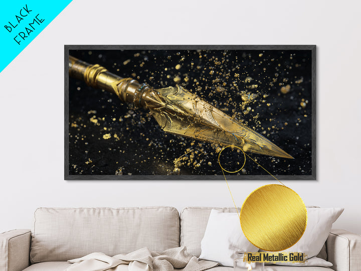 Ornate Golden Spearhead, Metallic Gold Art, Real Wood Frame, Close-Up Weapon Detail, Mythology Inspired Wall Decor