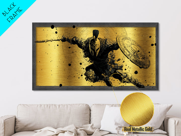 Metallic Gold Art of Spartan Soldier Leaping Forward with Spear and Shield, Decorative Armor and Mandala, Wood Framed Map Wall Décor