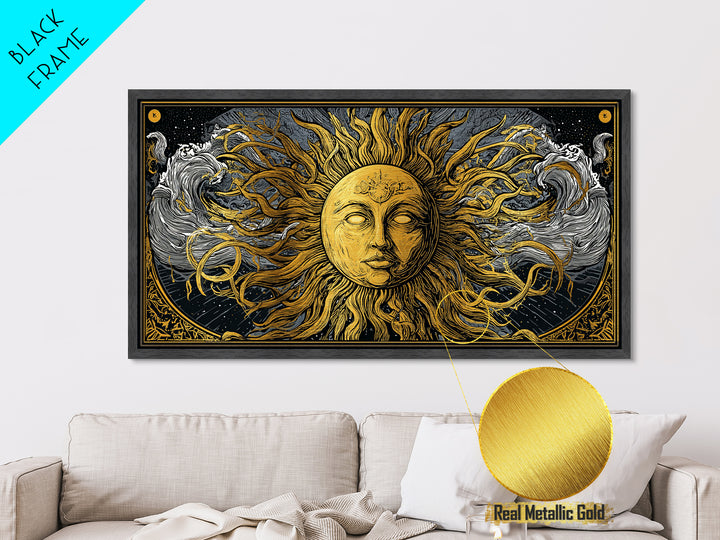 Metallic Gold Metal Print of Sun Face with Flowing Hair and Ocean Waves, Detailed Mythological Design, Wood Framed Map Wall Décor